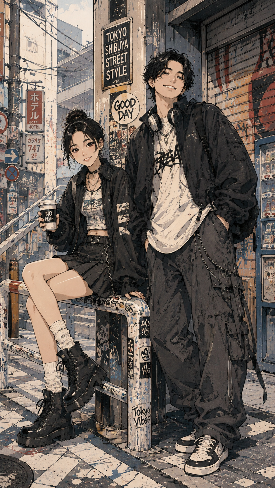日系东京街头少年全身漫画海报重绘模板
