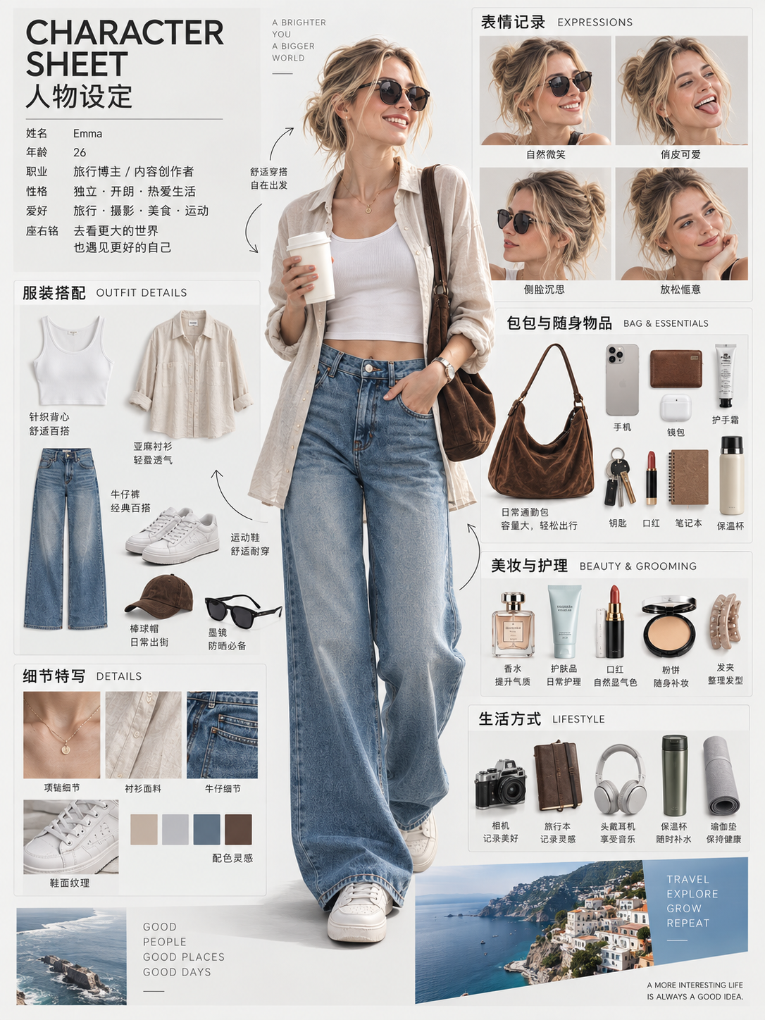 人物生活方式角色设定图（现代编辑风）