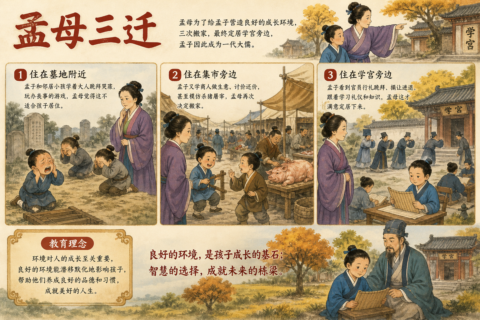 孟母三迁 教育故事横版插图