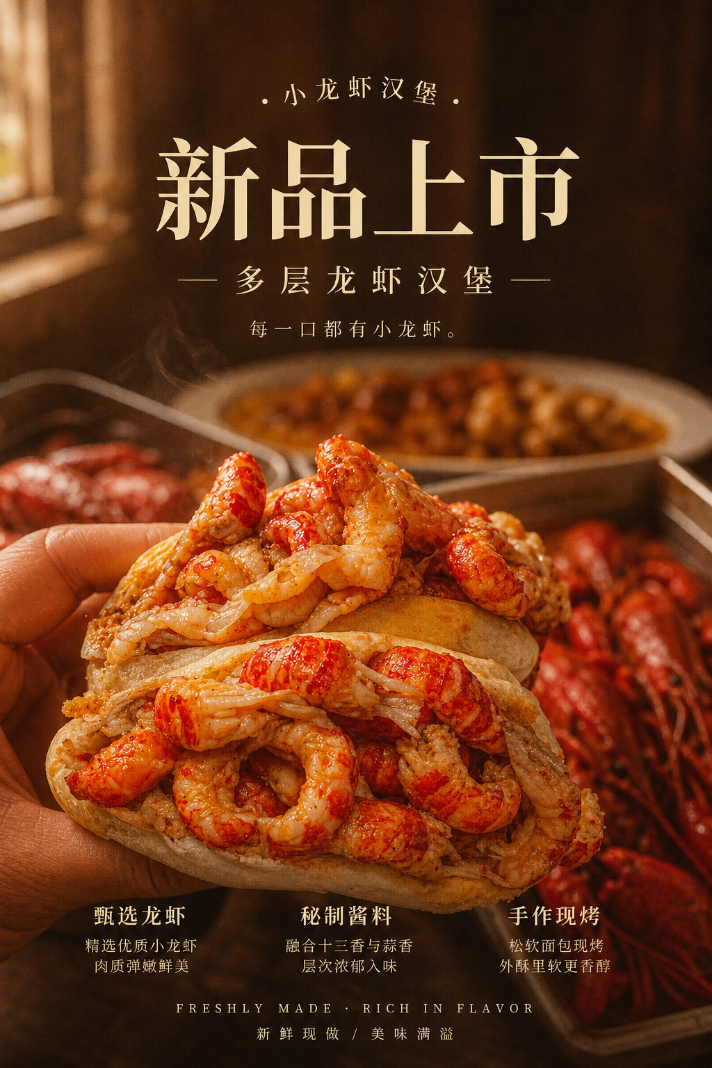 暖棕复古咖啡馆风新品龙虾汉堡海报