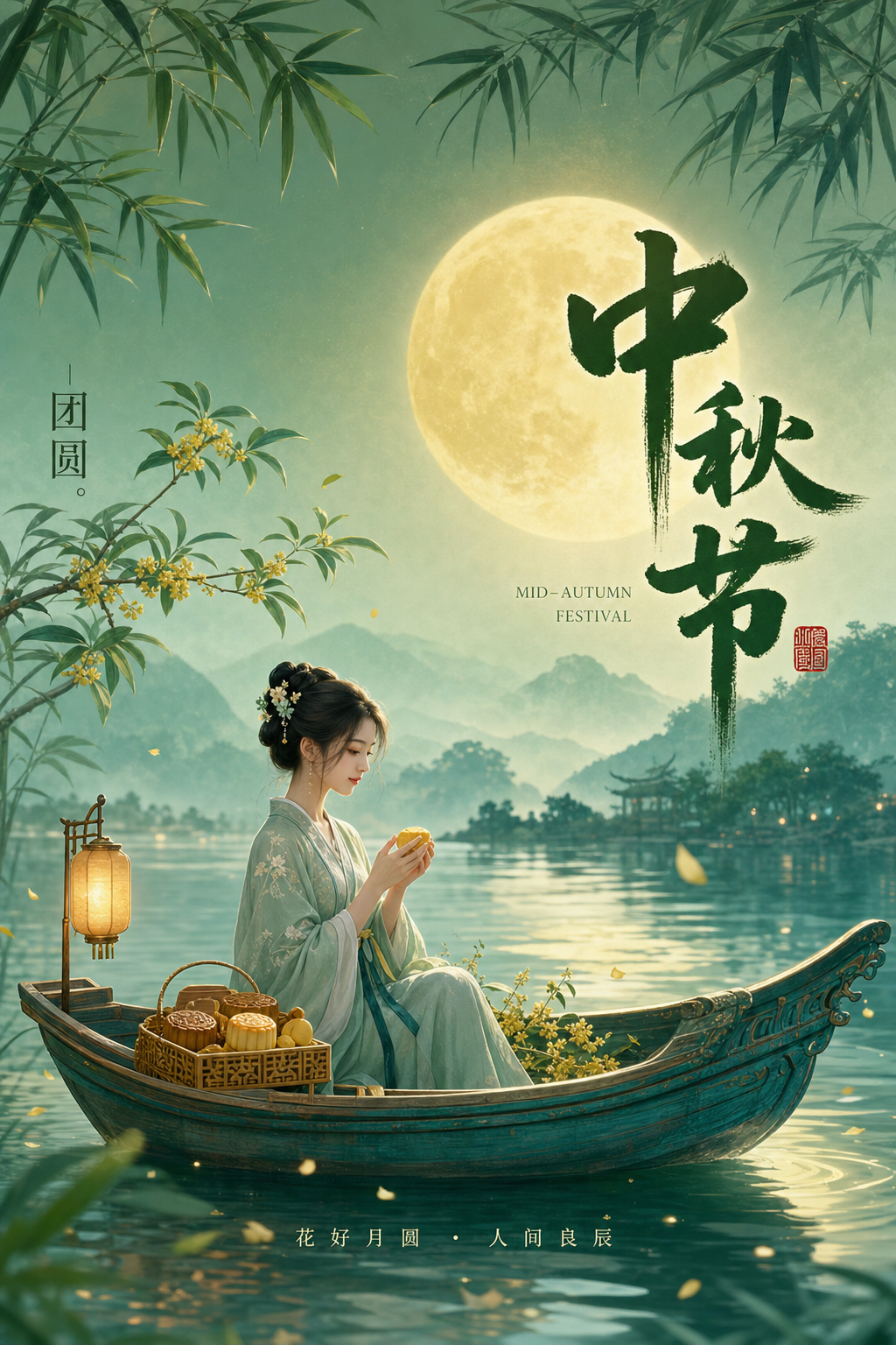 中秋节|绿意毛笔风小红书封面