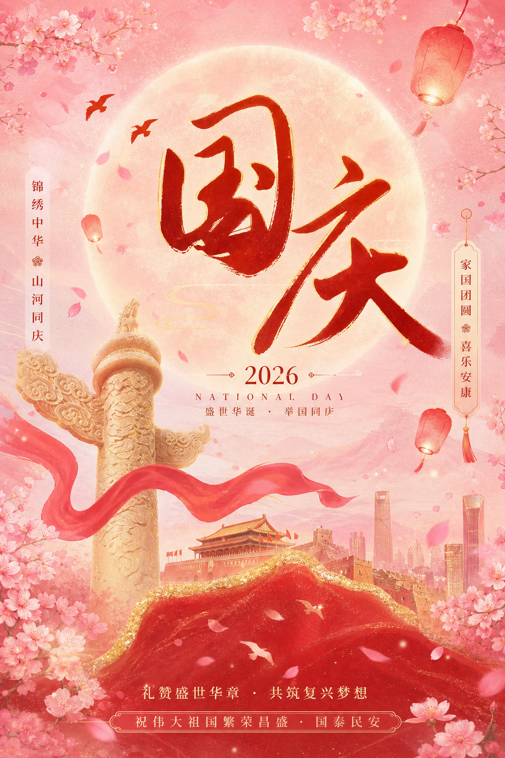 梦幻粉色国庆节日海报(小红书封面)