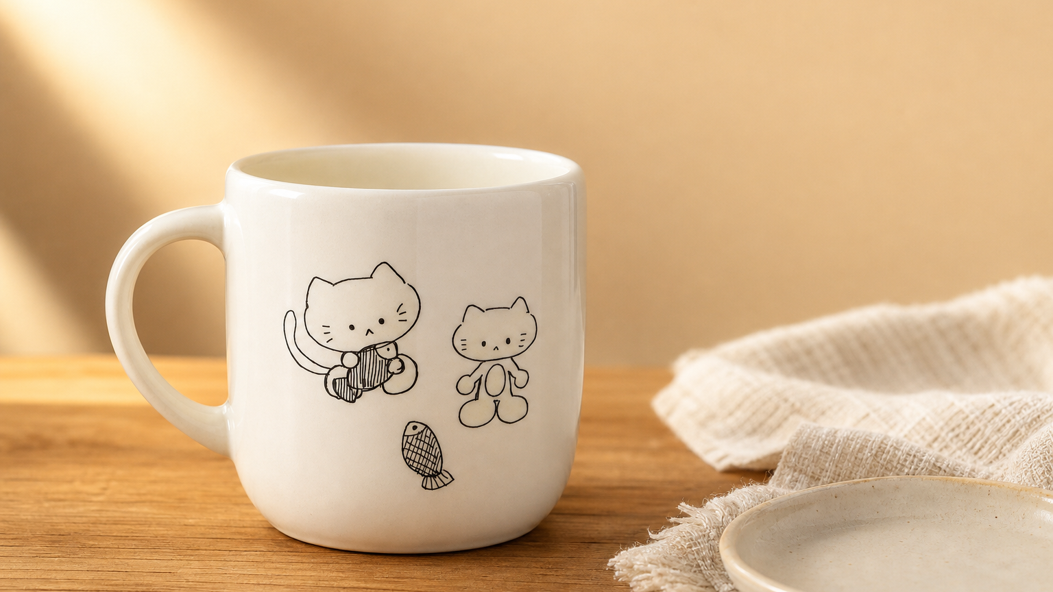 手绘猫与鱼图案陶瓷马克杯
