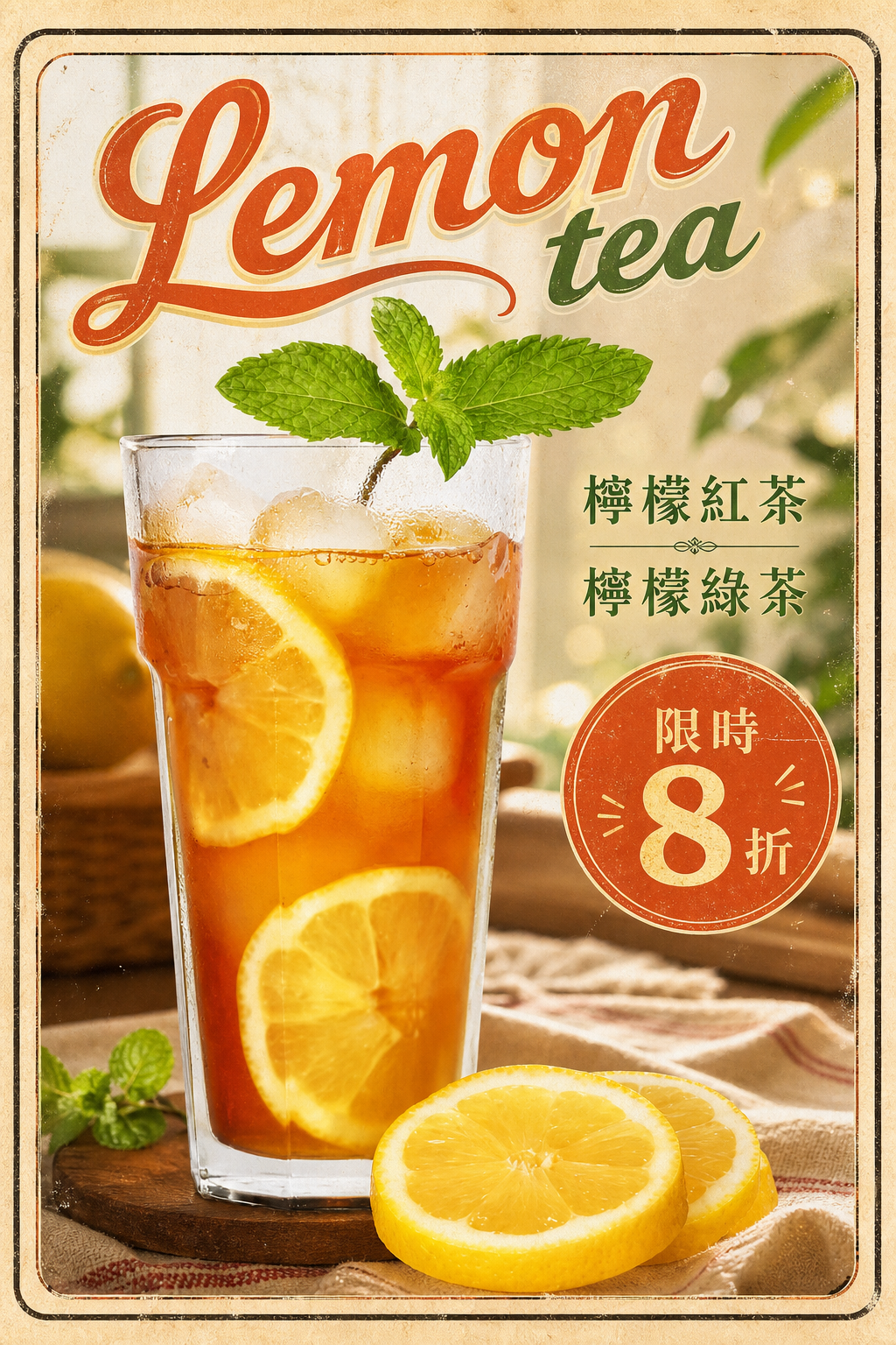 复古早餐风柠檬茶促销海报